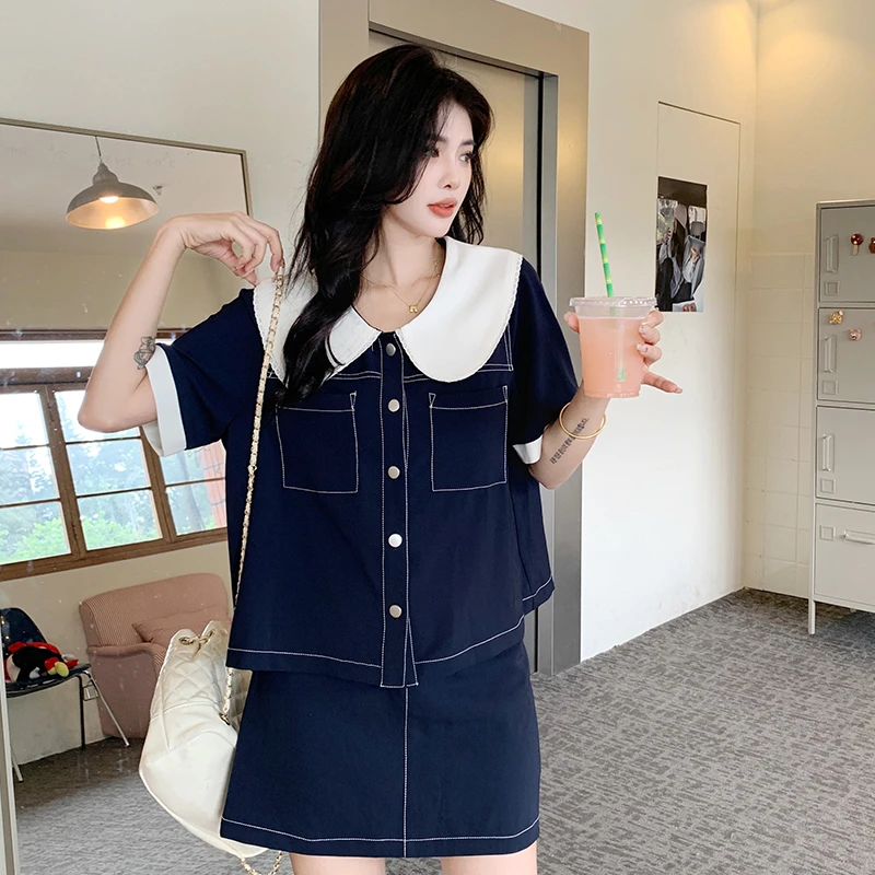 5191大码蕾丝花边短袖上衣半身裙套装女夏季胖mm显瘦遮肉两件套