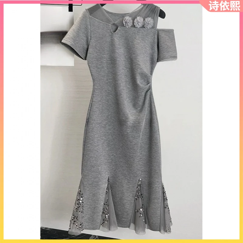 1韩版轻奢气质拼接亮片下摆短袖连衣裙女2025夏季新款露肩裙子l