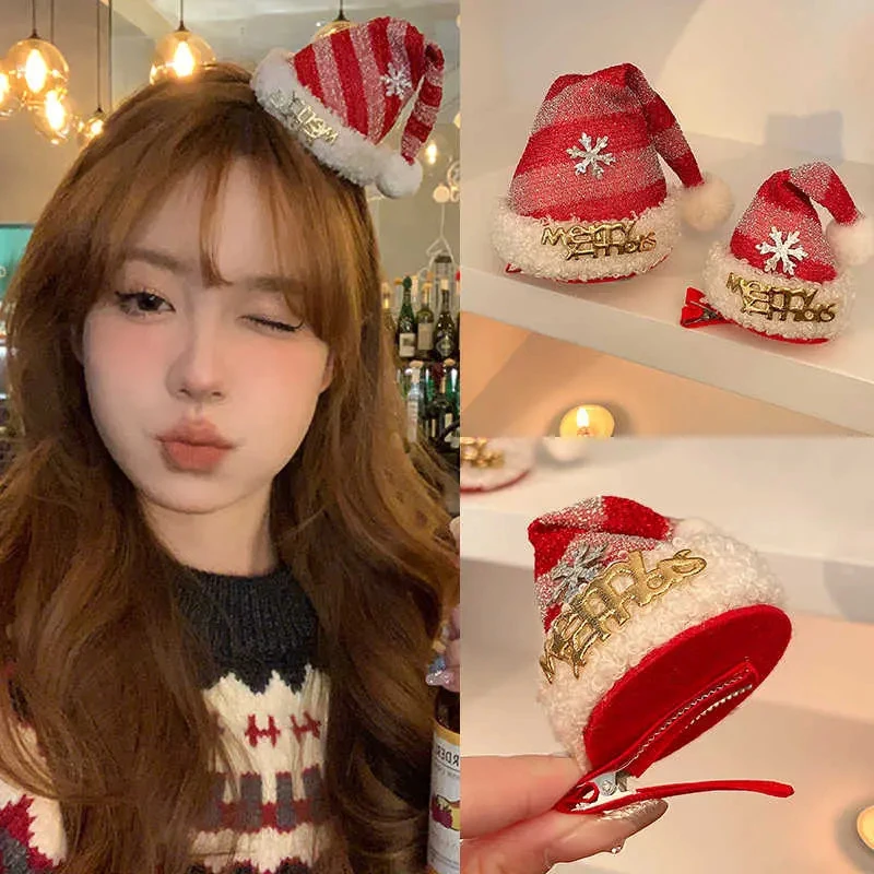 圣诞节发饰可爱红帽子发夹女2024新款秋冬夹子头饰圣诞帽发卡配饰