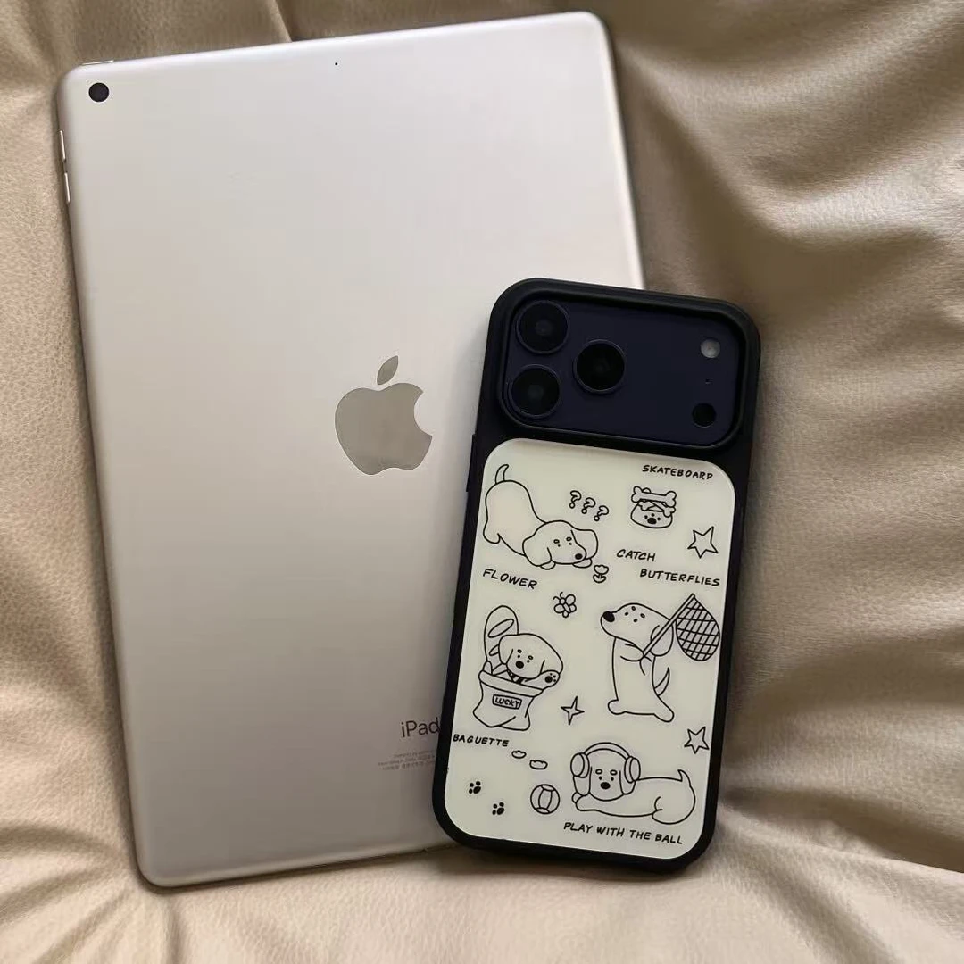 黑边玻璃奶黄底黑线条小狗插画适用iPhone17promax手机壳苹果16/