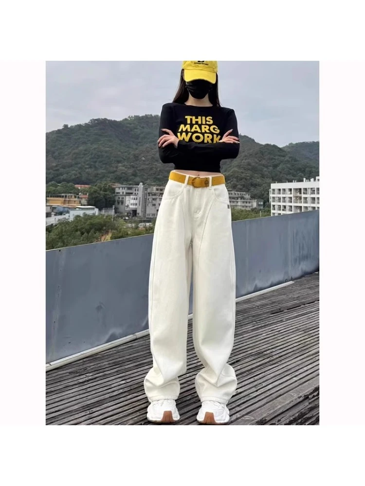 米白色美式弯刀牛仔裤女高腰宽松遮跨胖妹妹阔腿裤