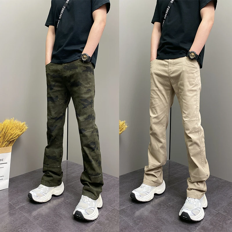 2025年秋季新款个性设计感迷彩休闲直筒阔腿喇叭裤青年男士牛仔裤