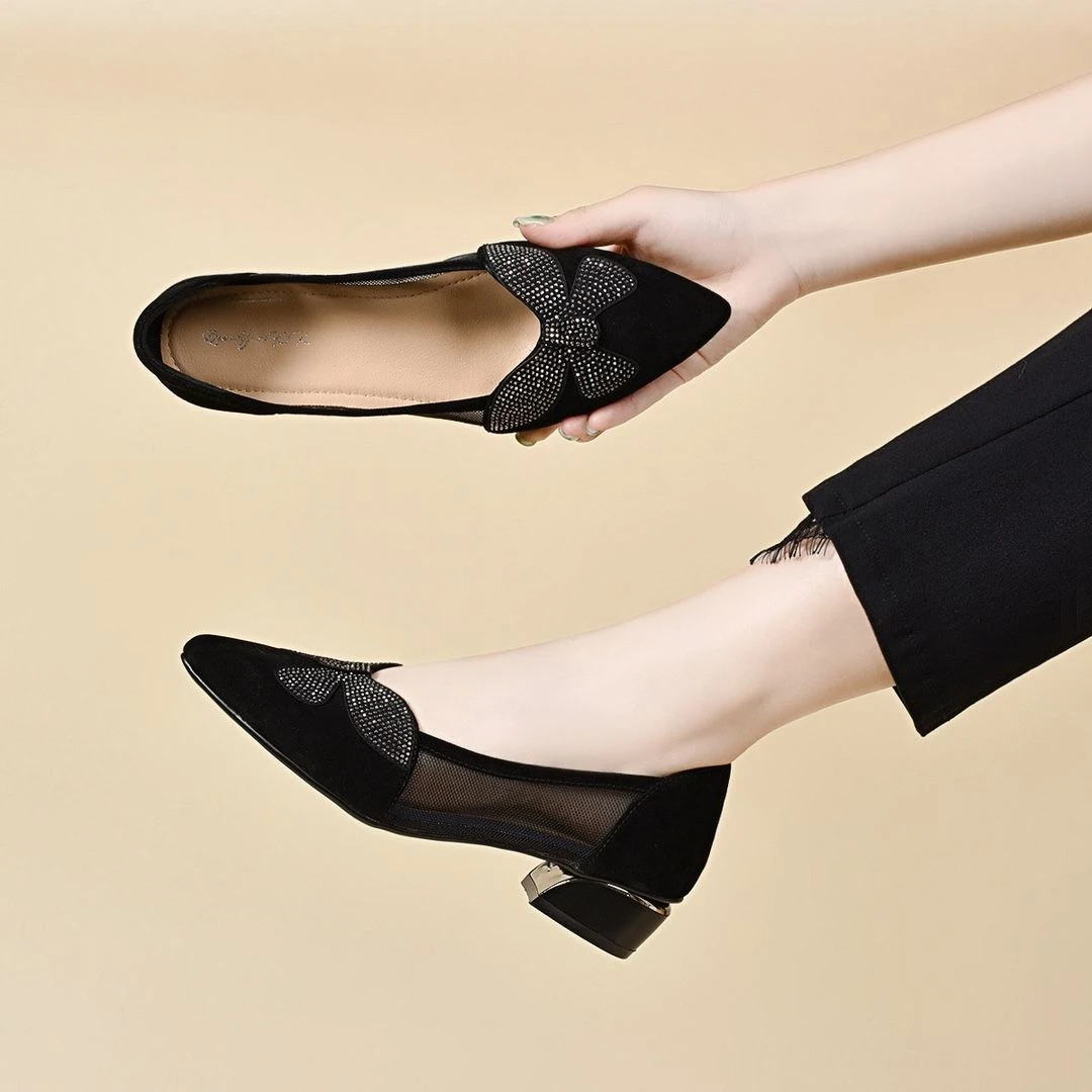 磨砂单鞋女夏季低跟网纱镂空女鞋2025新款真皮粗跟中跟浅口妈妈鞋