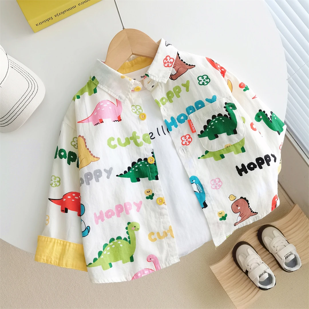 2025春秋装新款卡通男童纯棉长袖衬衫上衣小童装夏季儿童宝宝衬衣