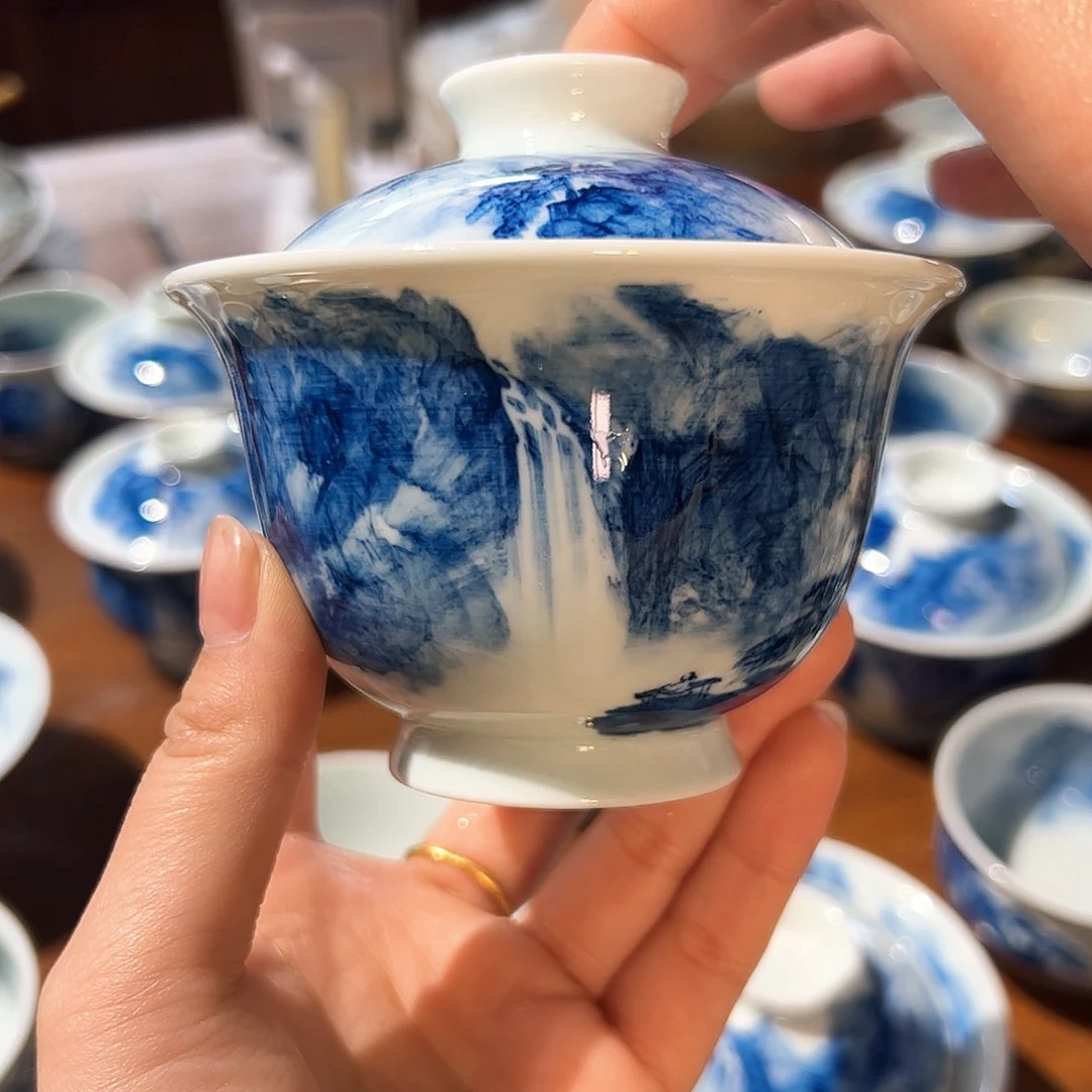 杯建****划青花手绘签山水盖碗