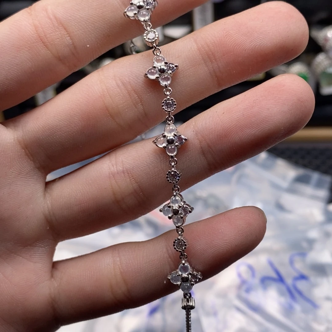 翡翠手链银S925镶嵌何**见天然缅甸翡翠a货