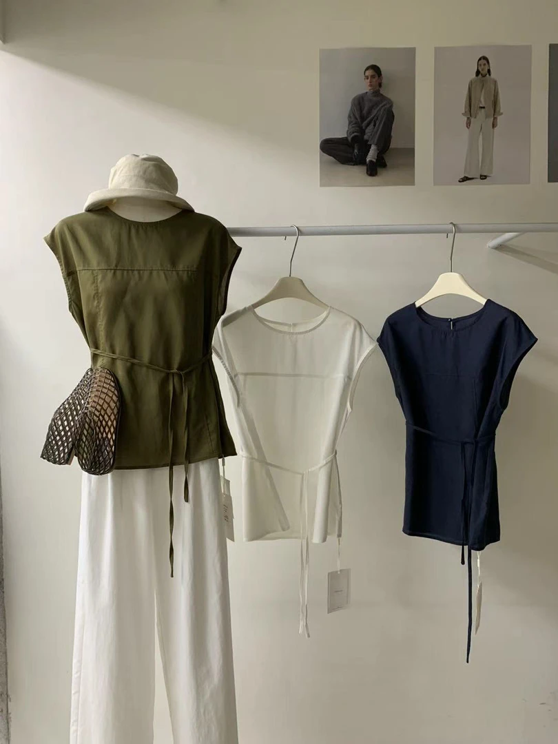 abow@2983 韩系时尚百搭收腰系带无袖衬衫（20亚麻）6-7