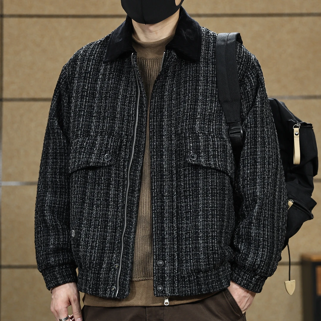 高级感男装拼接羊毛行政夹克秋冬季新款时尚翻领毛呢外套休闲茄克