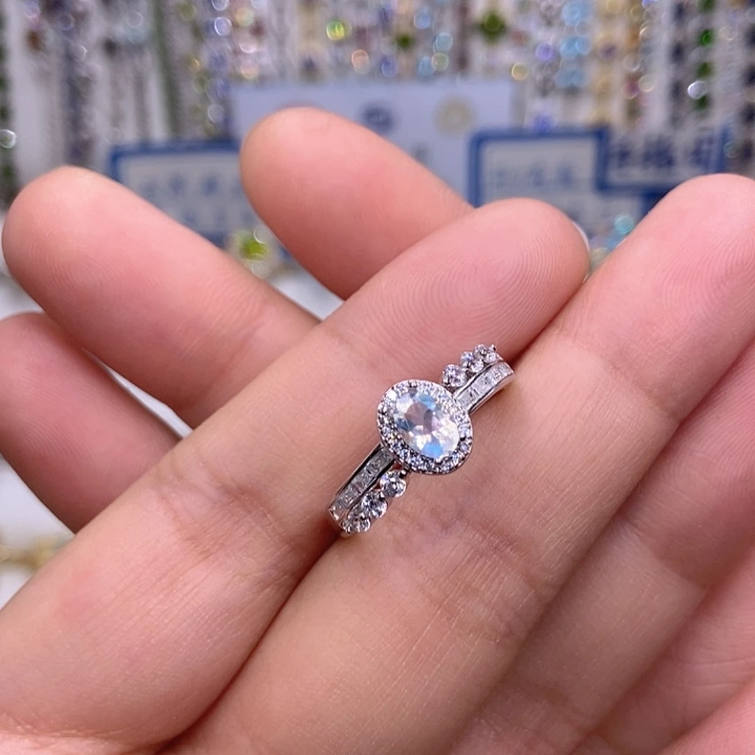 幽***歌戒指银S925镶嵌月光石闭口8.5