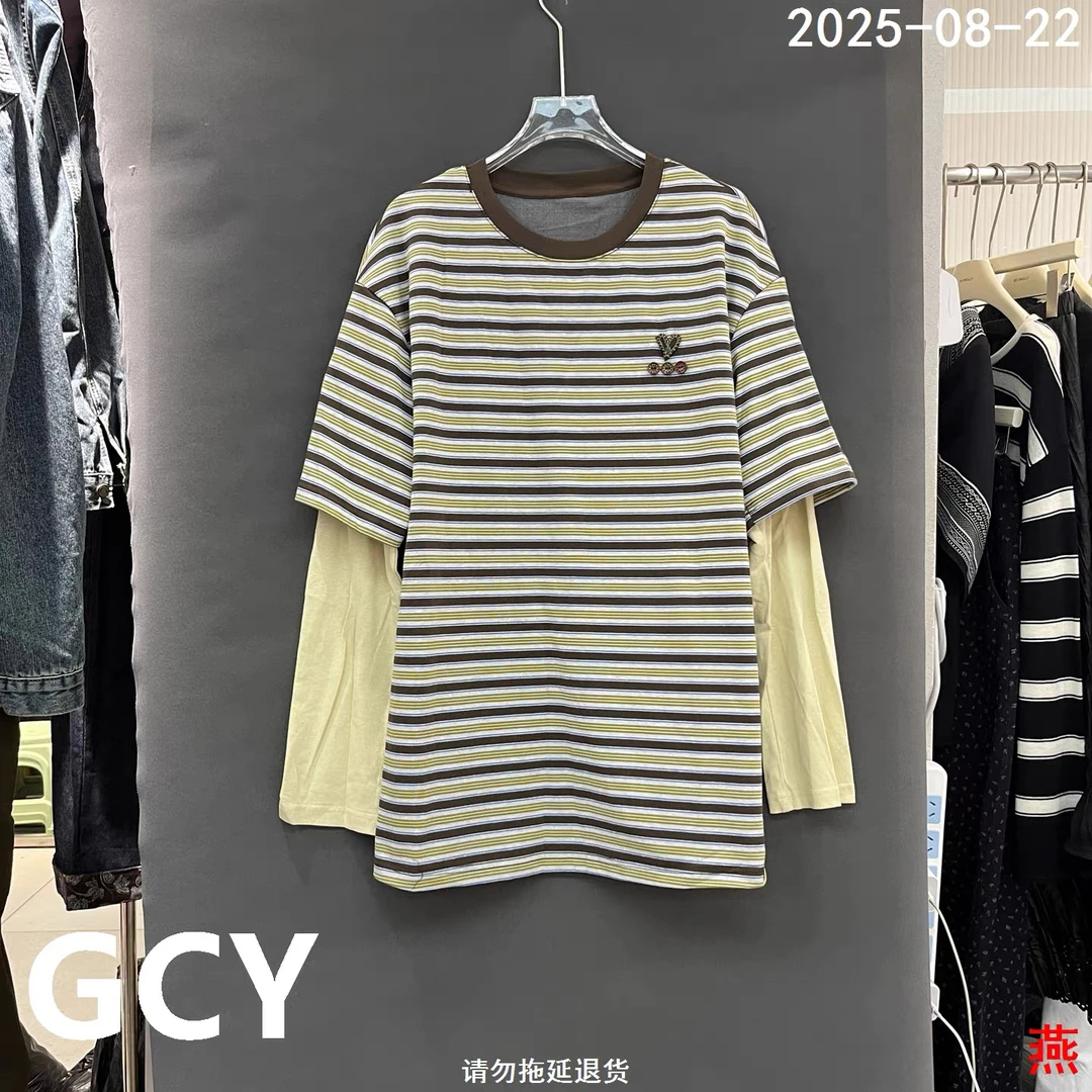 【妙女郎】  条纹假两件长袖T
