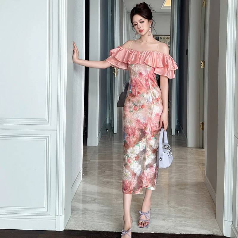新款高腰印花H型优雅气质长裙连衣裙时尚礼服碎花收腰轻奢85023