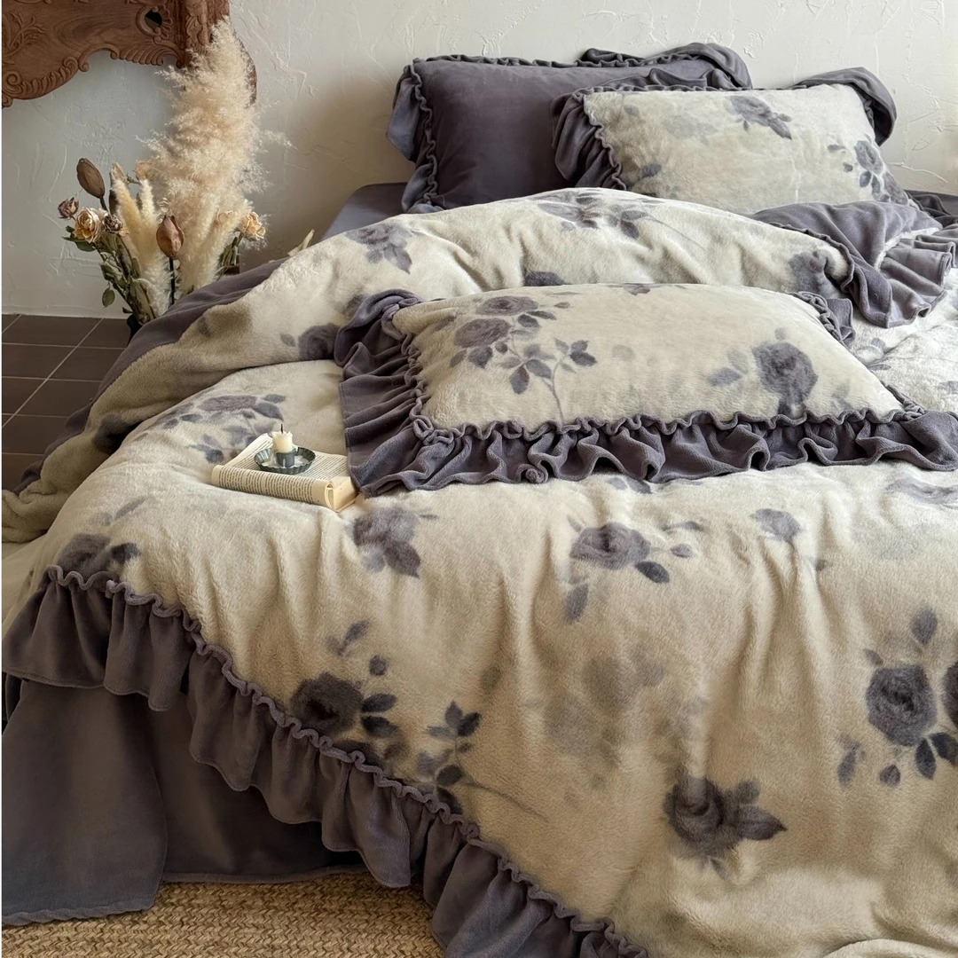 冬季加绒加厚牛奶绒四件套复古花卉被套毛绒珊瑚绒高级公主风床品