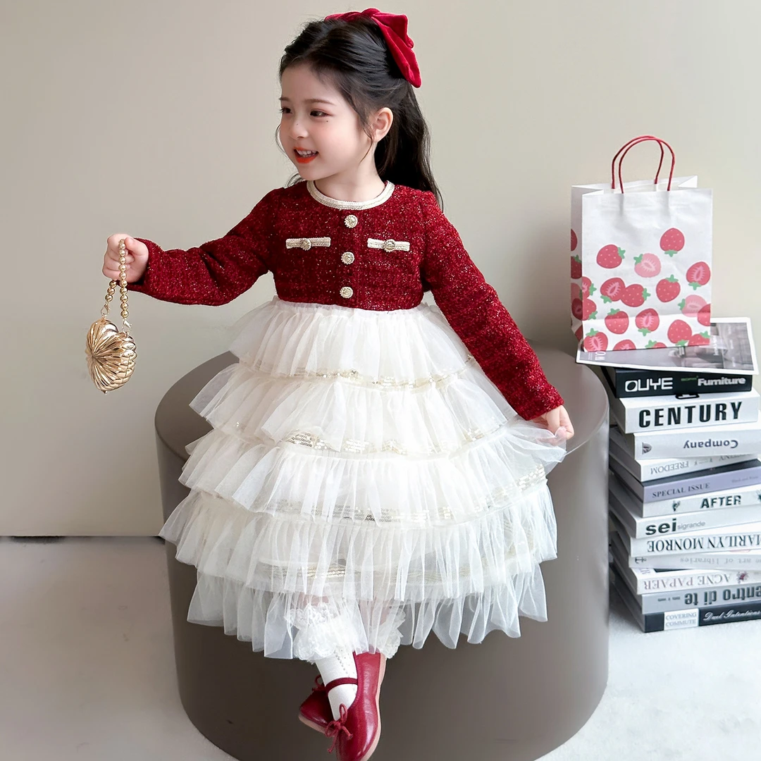 女童秋季小香风连衣裙2025新款儿童长袖礼服蛋糕裙子女宝宝公主裙