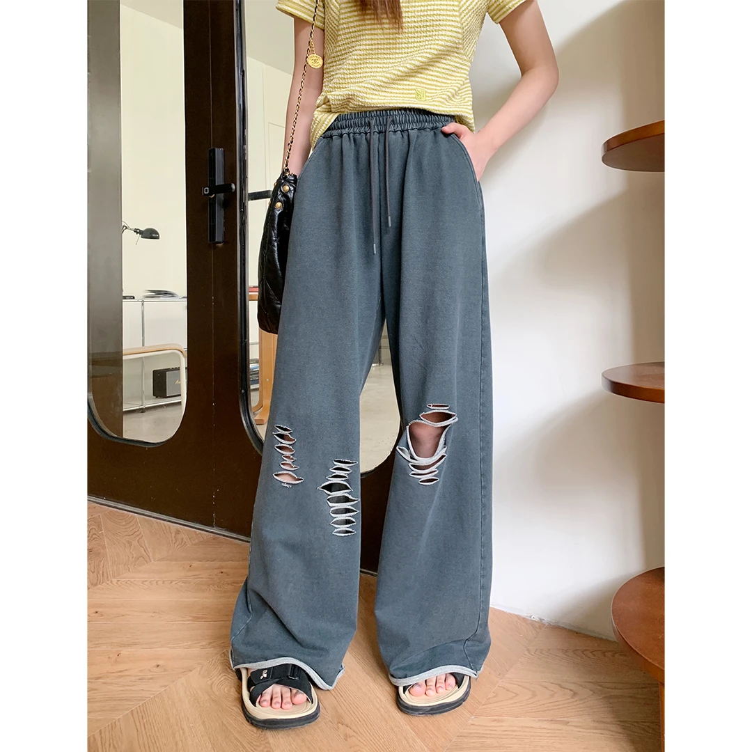 白标~长款复古做旧破洞直筒休闲裤女夏季大码宽松