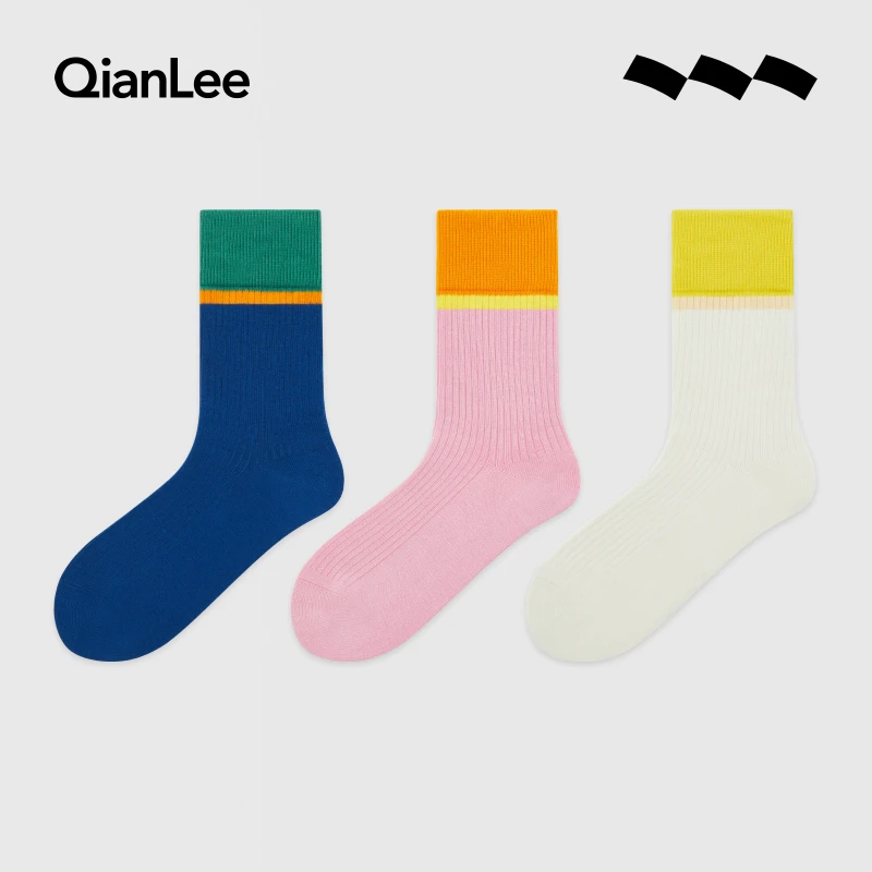 QIANLEE/浅力袜子女款中筒袜时尚撞色高罗口细坑条纹百搭透气棉袜