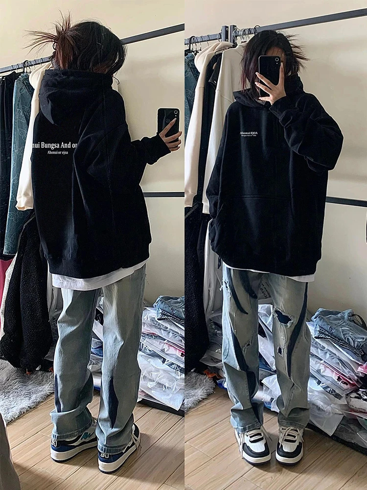 复古高街加绒连帽卫衣女秋冬2025新款宽松慵懒风潮牌外套oversize
