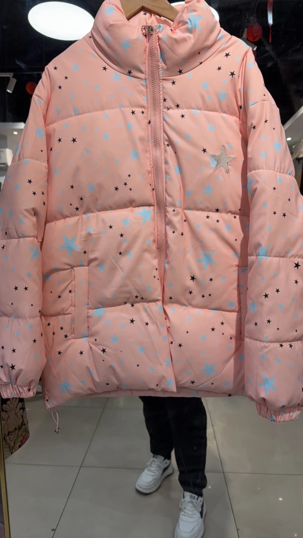 星星印花冬季加厚保暖外套女复古宽松面包服潮流