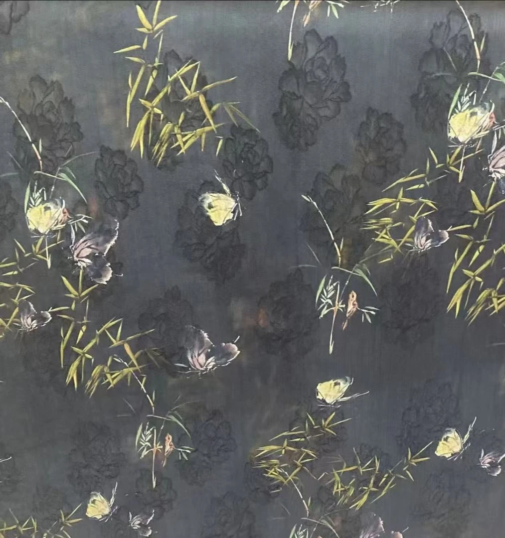 【黑底富贵竹】提花真丝香云纱面料薯莨真丝红云纱高端服饰服装面料