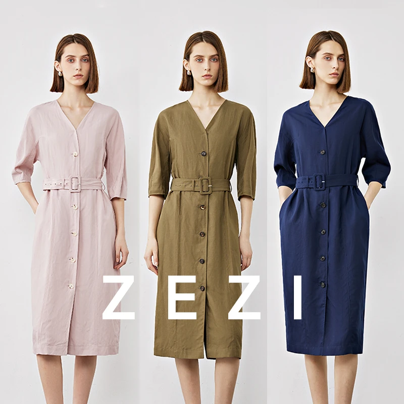 ZEZI【贝壳裙】莱赛尔亚麻_V领收腰连衣裙单排扣时尚气质连衣中长款