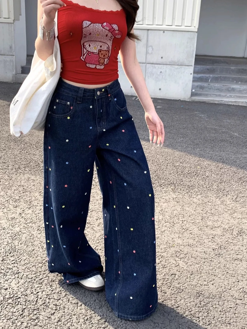 【81175】#高腰花朵直筒宽松牛仔裤