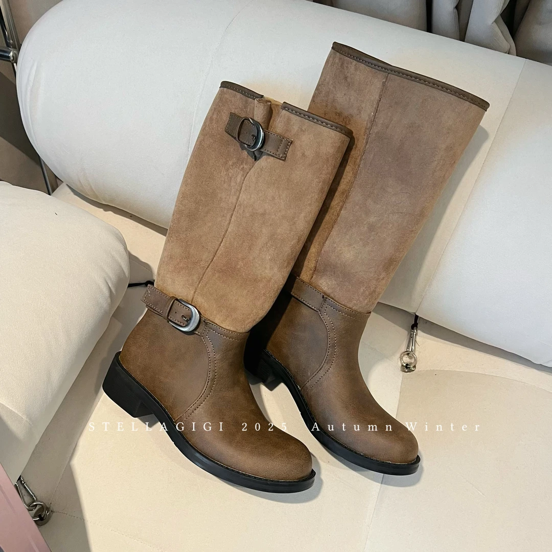 复古皱褶堆堆中筒靴皮带扣大筒围不过膝粗跟显瘦骑士靴女