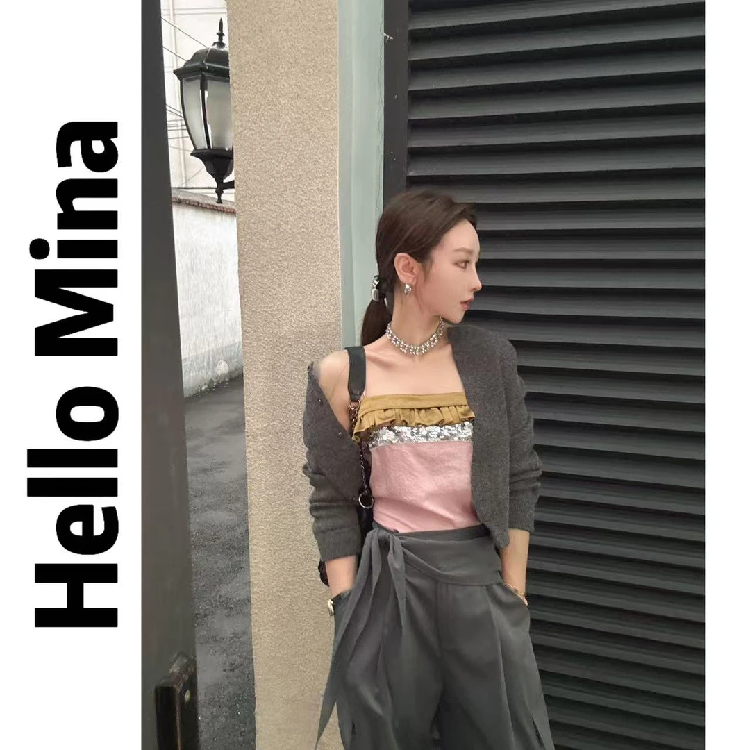 25510法式拼接亮片吊带