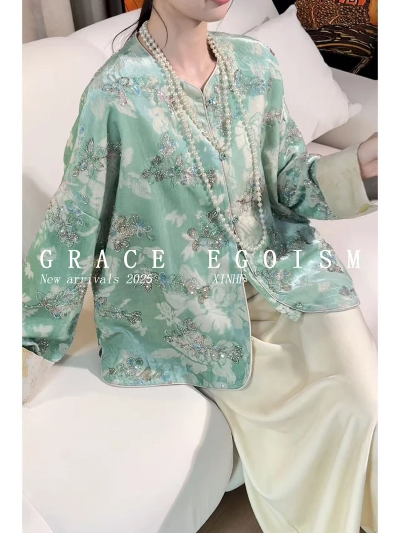 金禾【珠翠如棠】秋款国风真丝丝绒重工亮片钉珠刺绣轻奢上衣3667