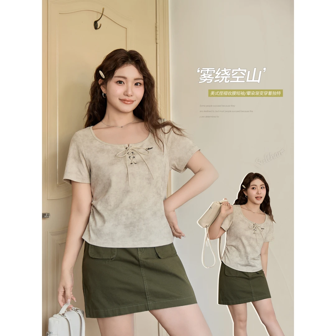 美式正肩绑带碎褶收腰方领上衣胖mm大码修身显瘦遮肉短袖T恤65421