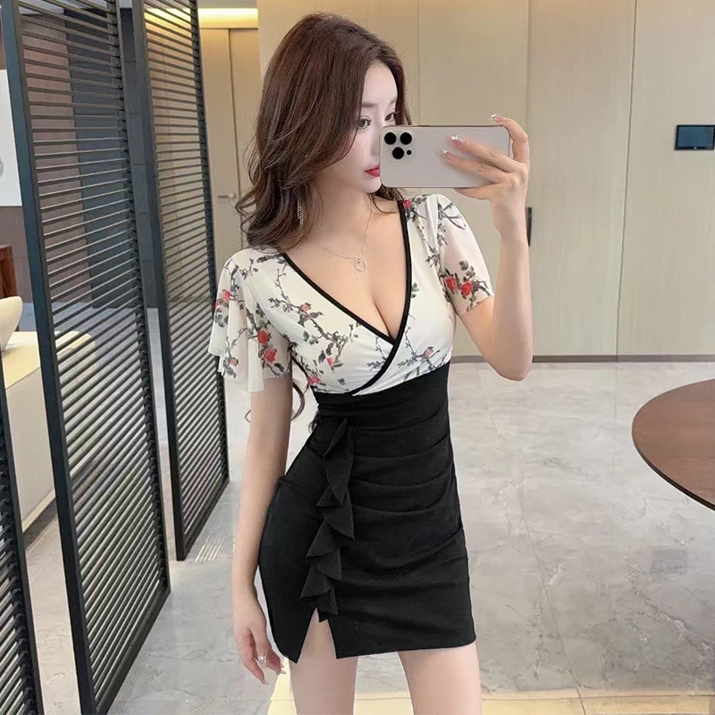 时尚网纱印花拼接性感连衣裙辣妹紧身显瘦柔式工作服夜场包臀短裙