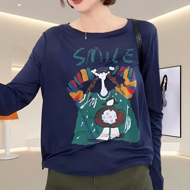 夏季休闲薄款t恤女宽松遮肚圆领上衣趣味卡通涂鸦印花长袖防晒衣