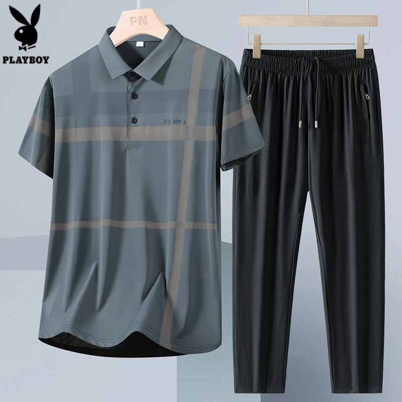 【冰丝套装】花花公子中老年爸爸装冰丝短袖POLO衫套装父亲节礼物E