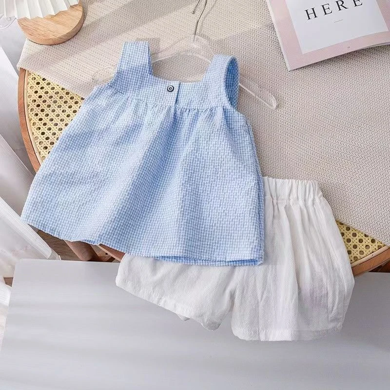 婴儿夏装新款2025宝宝背心套装多巴胺穿搭洋气粉蓝格子两件套A-05