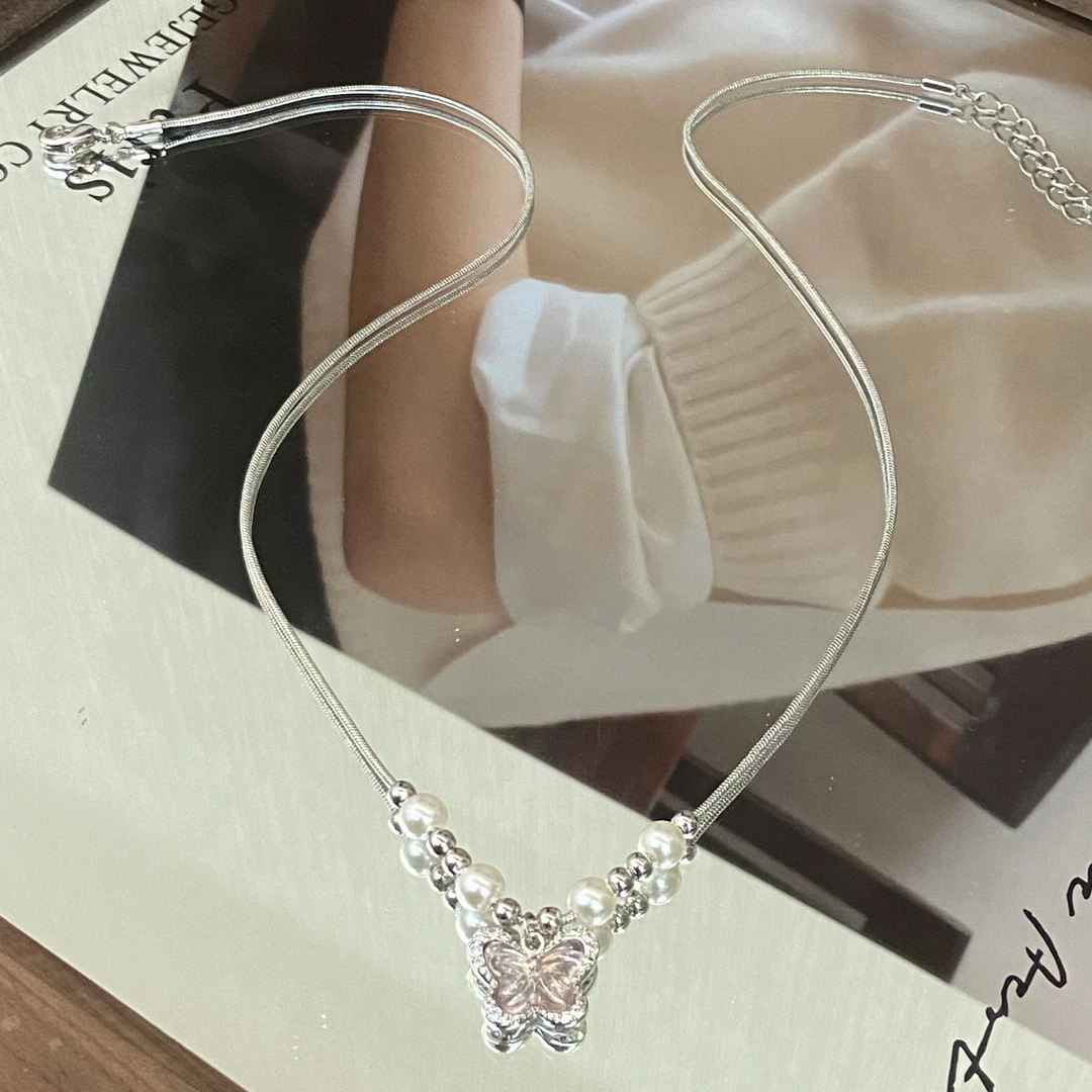 铜合金仿珍珠项链 镀K金 浆果粉小蝴蝶 甜美风项链X7313