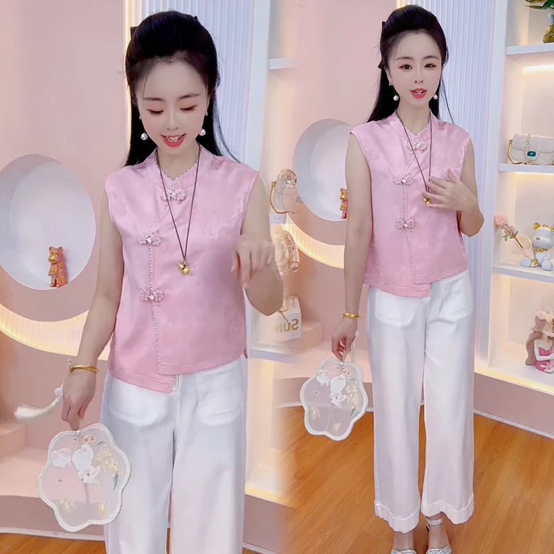 休闲风慵懒时尚衬衫女2025年夏季新款宽松显瘦盘扣无袖串珠上衣