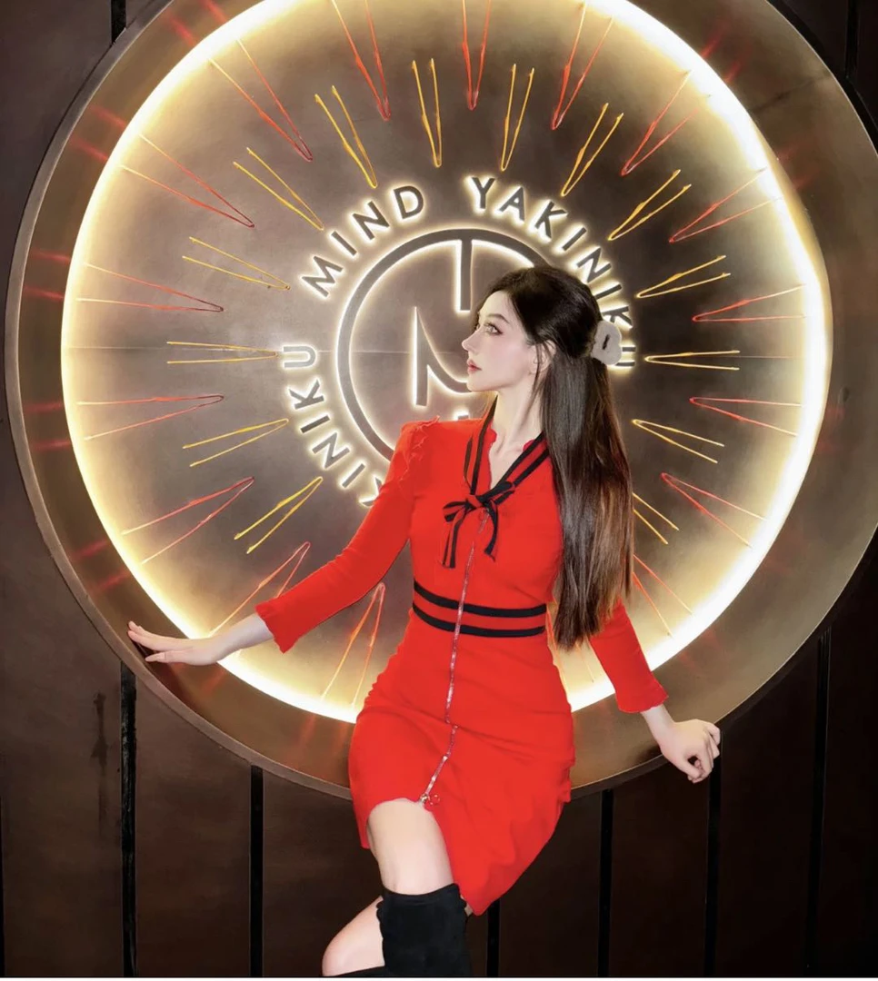 99新 GUCCI/古驰  bb1075 红色飘带连衣裙 s码