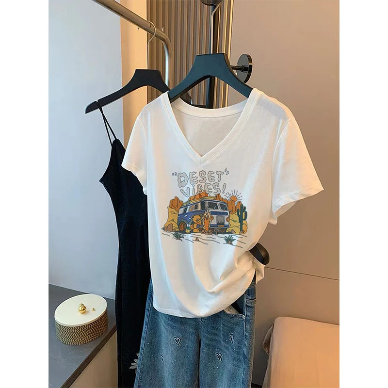 正肩设计感V领短袖T恤女时尚百搭洋气白色上衣打底衫夏季2025新款