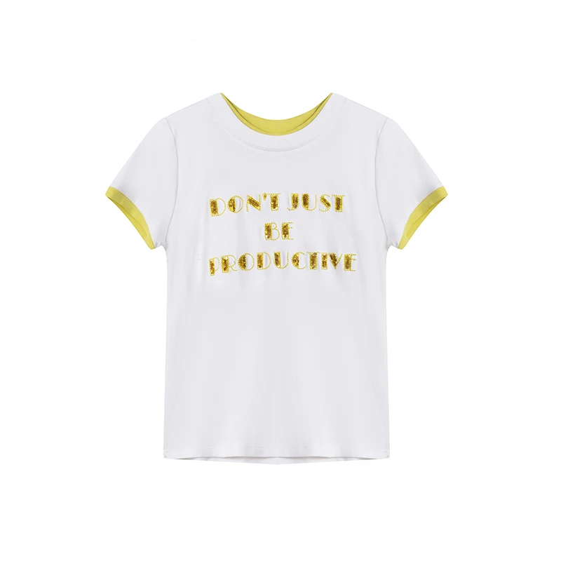 【小机灵】圆领假两件亮片字母显瘦百搭短袖T恤A2936JJ