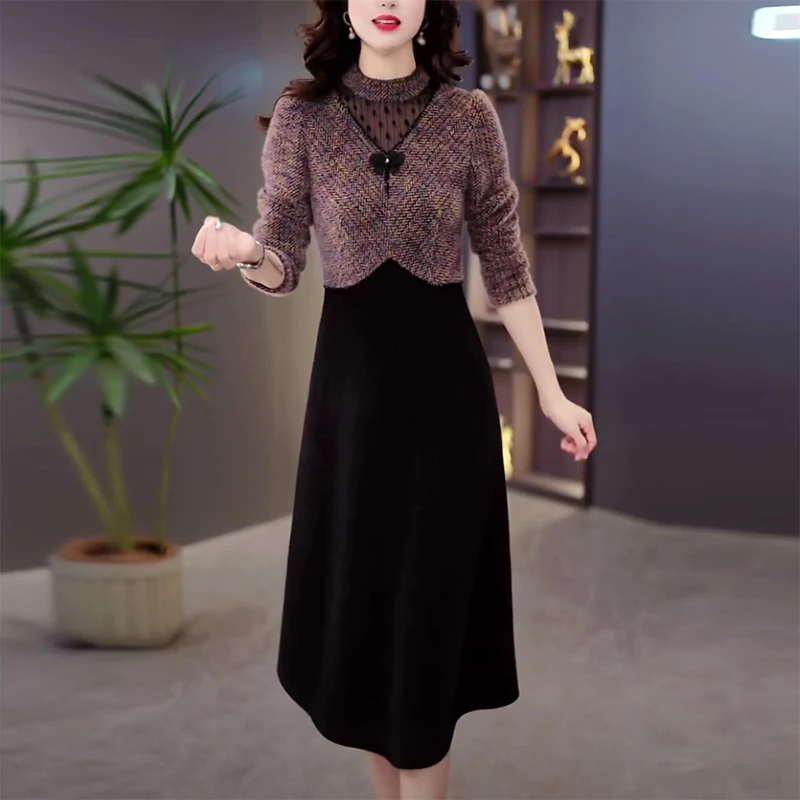 2025年冬季加厚加绒打底连衣裙时尚百搭显瘦修身拼接高级感遮肚子