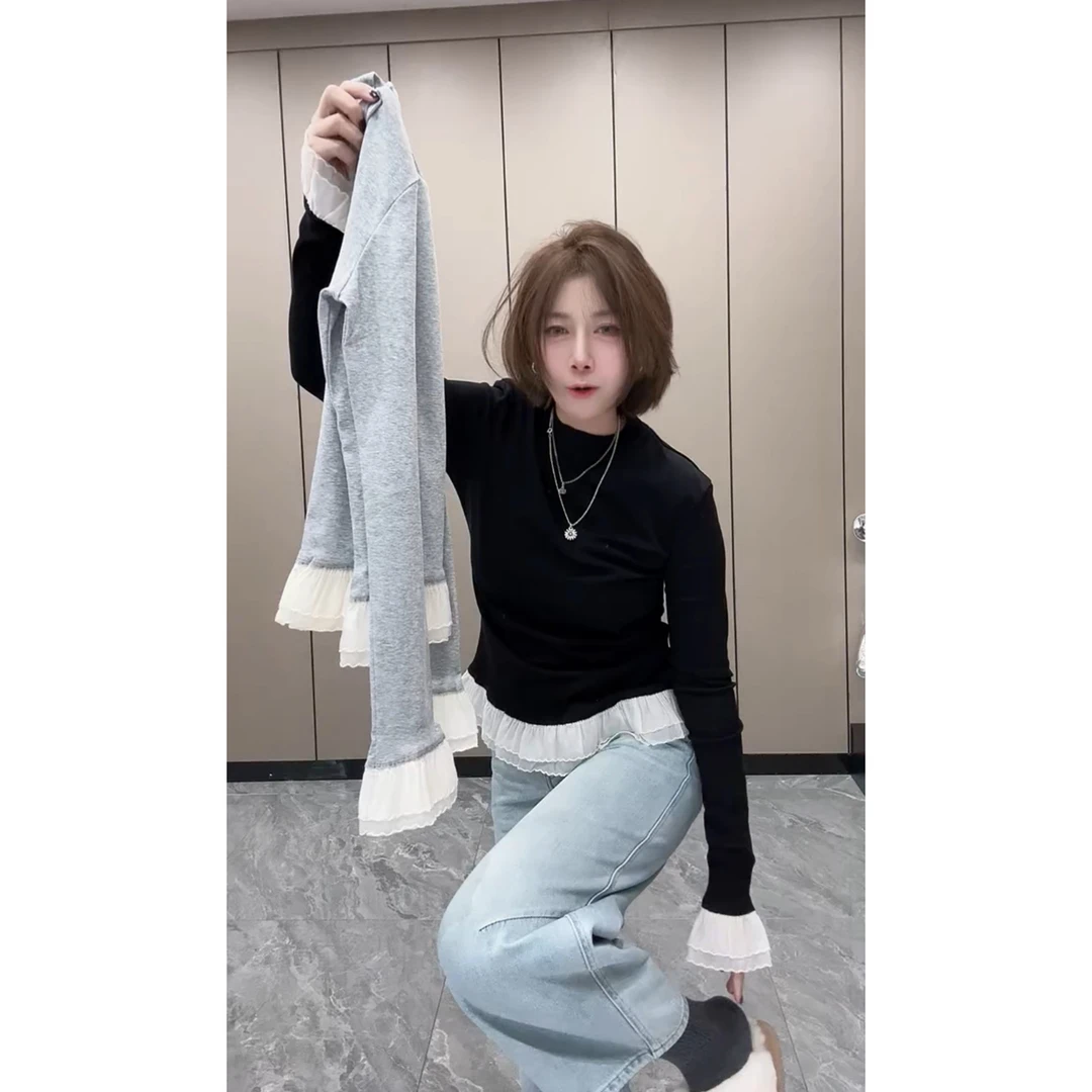 保暖下摆木耳边拼接长袖T恤女韩版减龄甜美芭蕾风花边打底衫
