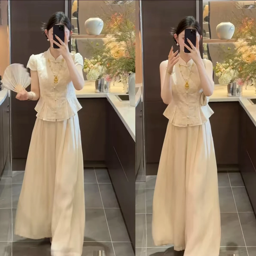 夏季搭配干练气质轻奢高级感超火新中式国风盘扣套装裤女款827