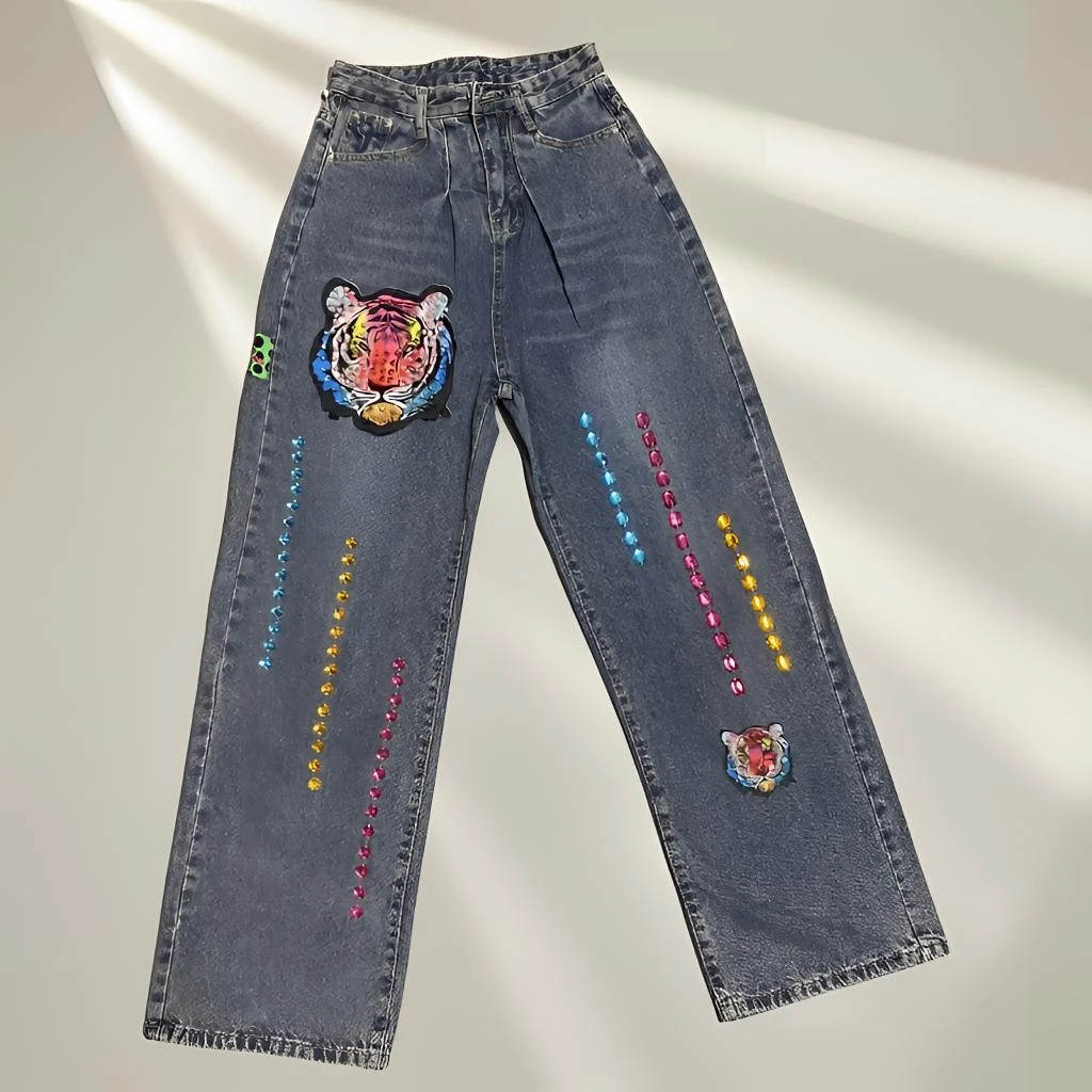 小码重工老虎头/米奇阔腿牛仔裤瑕疵品