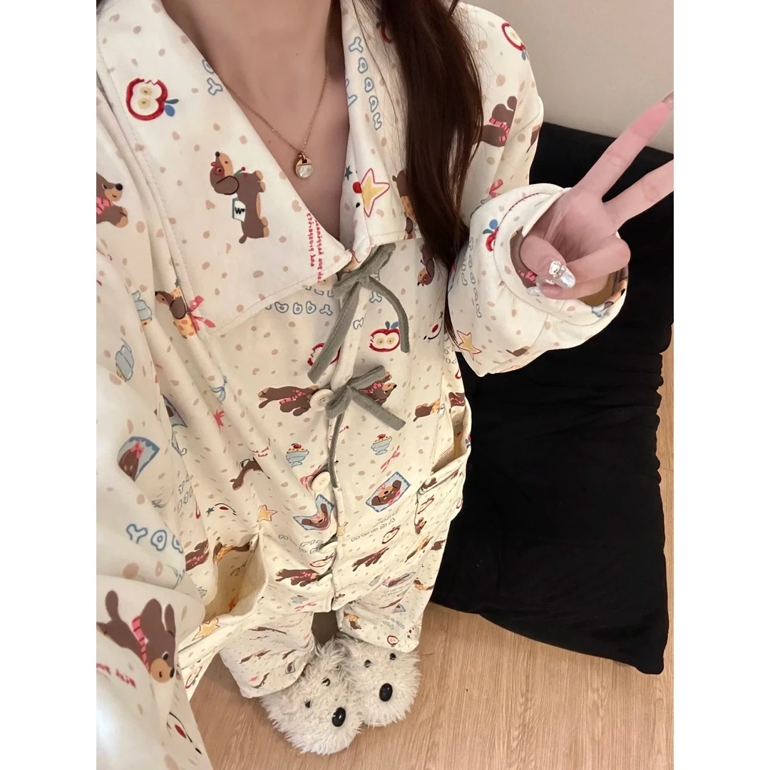 日系狗狗碎花海岛绒保暖睡衣女生秋冬季长袖长裤甜美家居服两件套