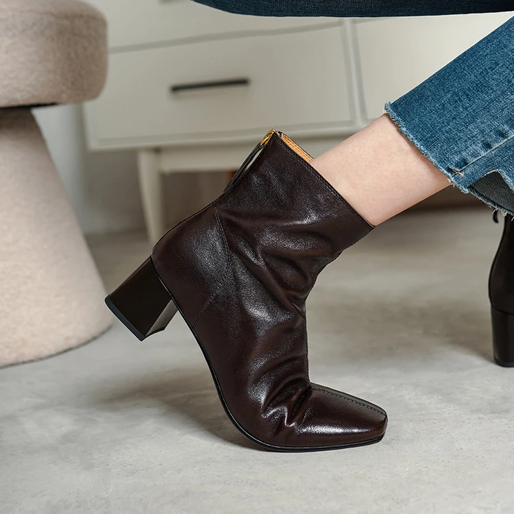 头层羊皮~5cm法式方头小短靴真皮马丁靴百搭通勤粗跟显瘦真皮女靴