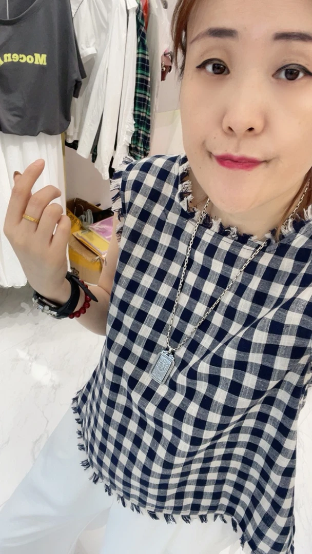 浅蓝色t麻善女夏季新款时尚休闲百搭显瘦气质复古格纹