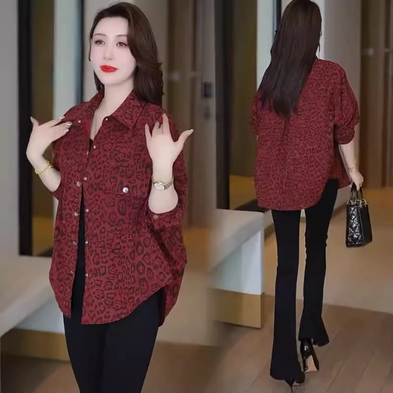 时尚豹纹衬衫女士春秋新款宽松遮肚子衬衣洋气中年妈妈款大码上衣