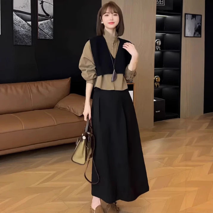春季穿搭一整套新款法式高级感气质叠穿针织马甲衬衫半身裙三件套