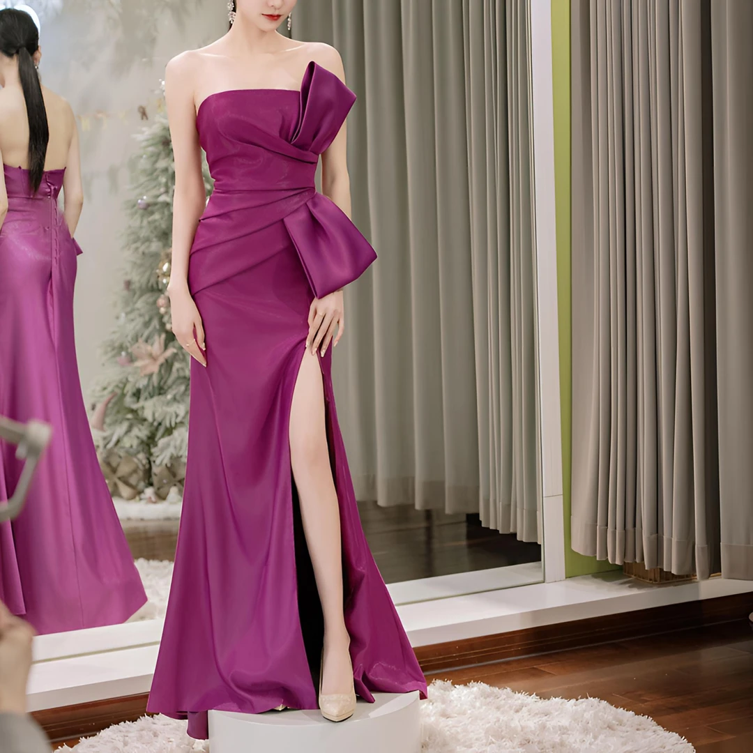 Ellieisland意大利玫红色缎面蝴蝶结礼服