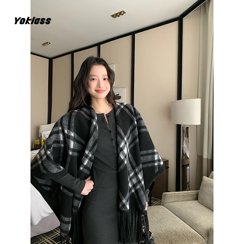 YOKLASS少女家 黑色格纹宽松流苏外套秋冬气质保暖上衣 W37405S53