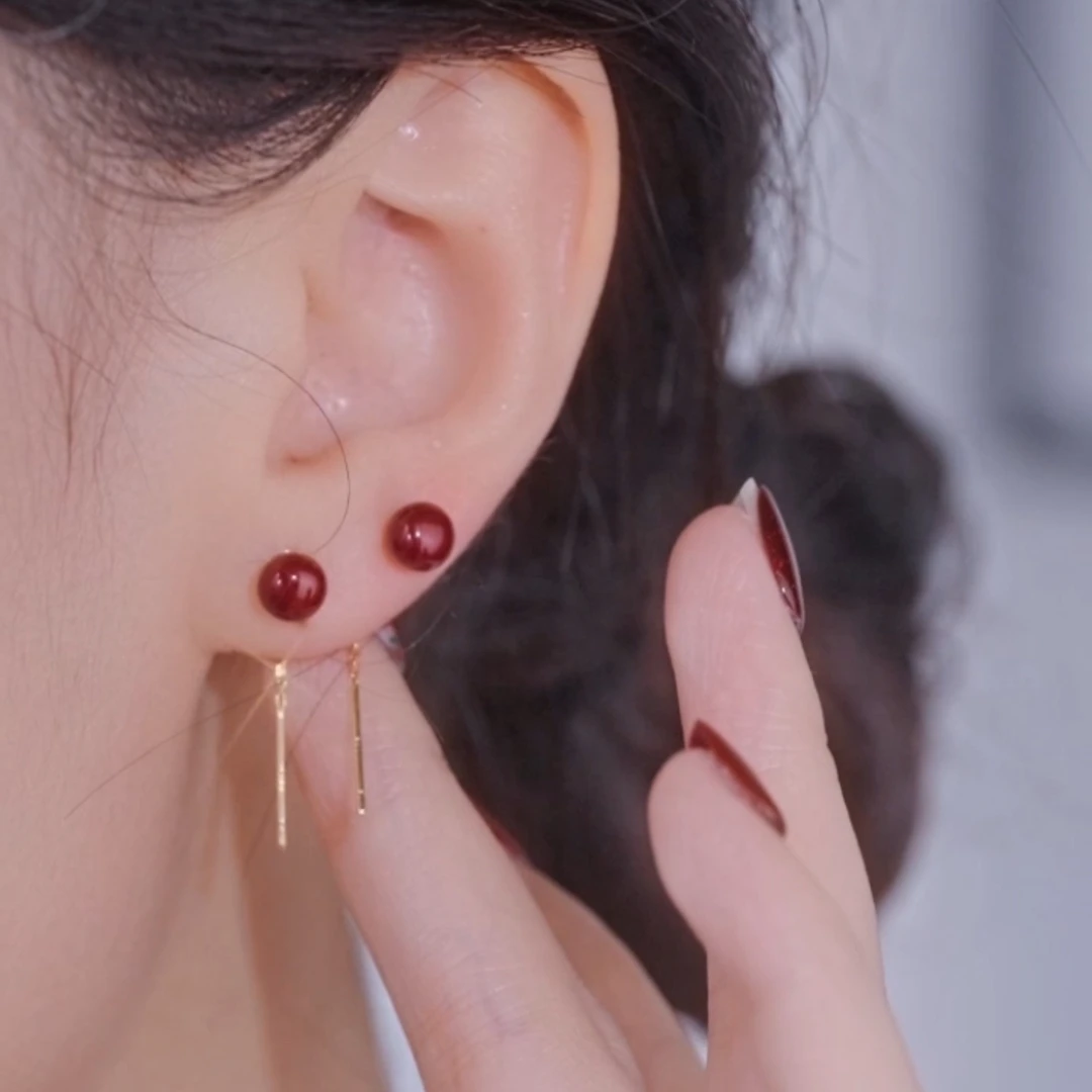 铜合金耳饰 新年红红色珠珠耳线小众轻奢质感百搭温柔气质中国红