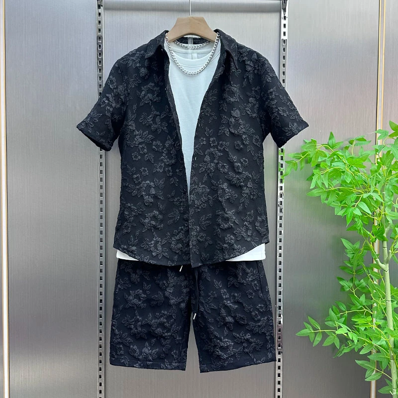 2025新款夏男士高品质雕花小香风短袖俩件套衬衫搭配短裤休闲套装